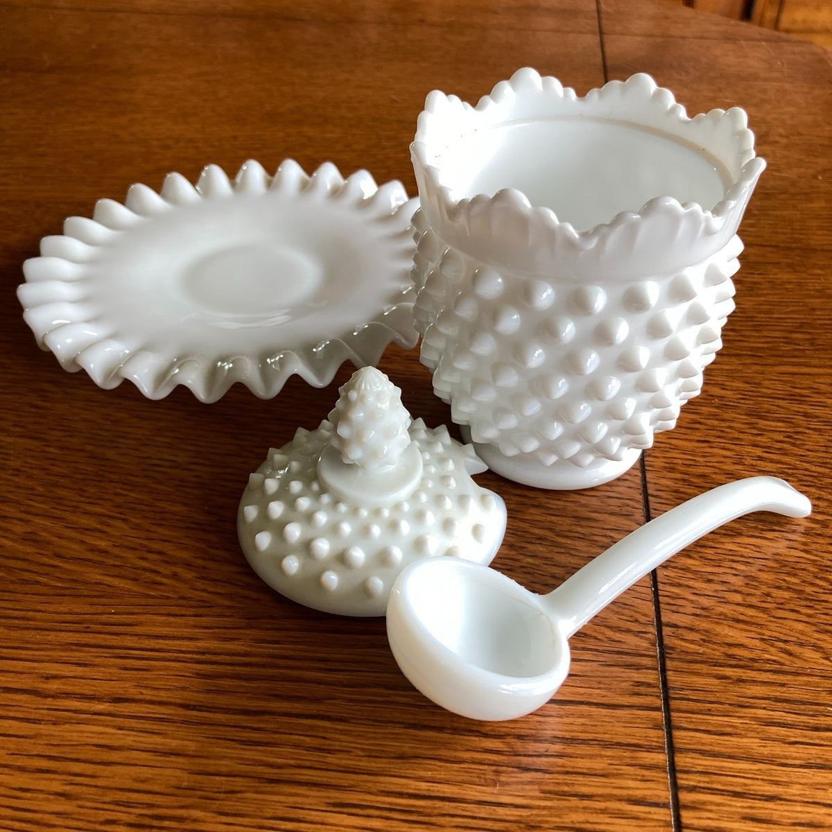 Fenton Hobnail White Milk Glass Jam Jar Set 4-Piece with Ladle & Underplate 1950s-1960s