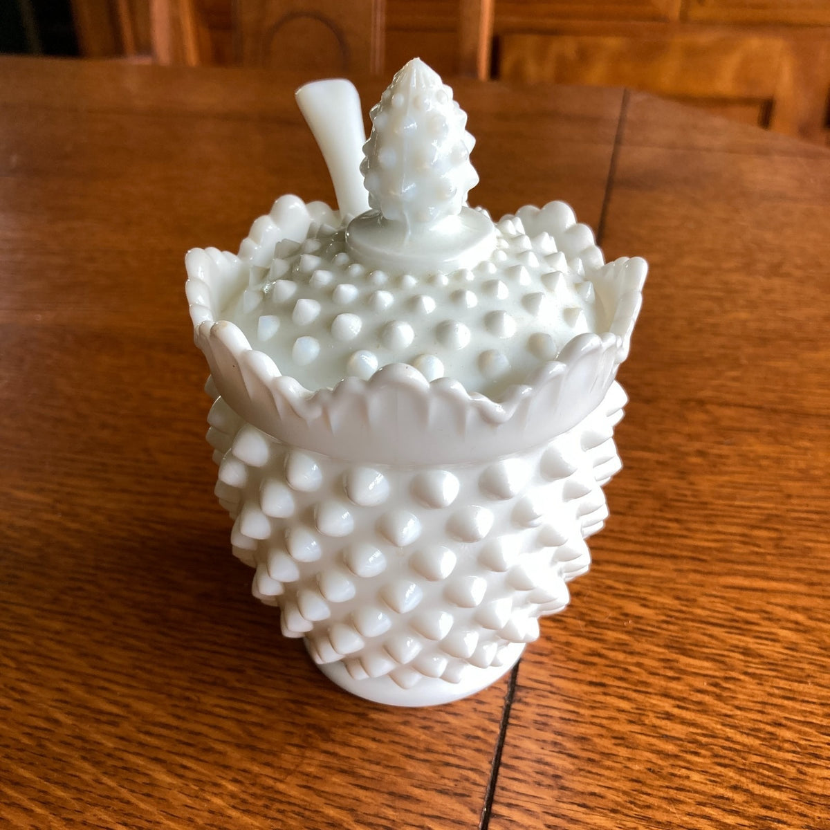 Fenton Hobnail White Milk Glass Jam Jar Set 4-Piece with Ladle & Underplate 1950s-1960s