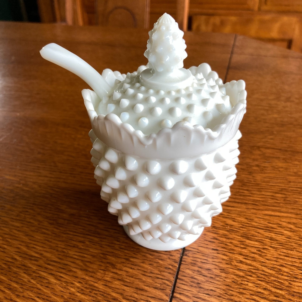 Fenton Hobnail White Milk Glass Jam Jar Set 4-Piece with Ladle & Underplate 1950s-1960s