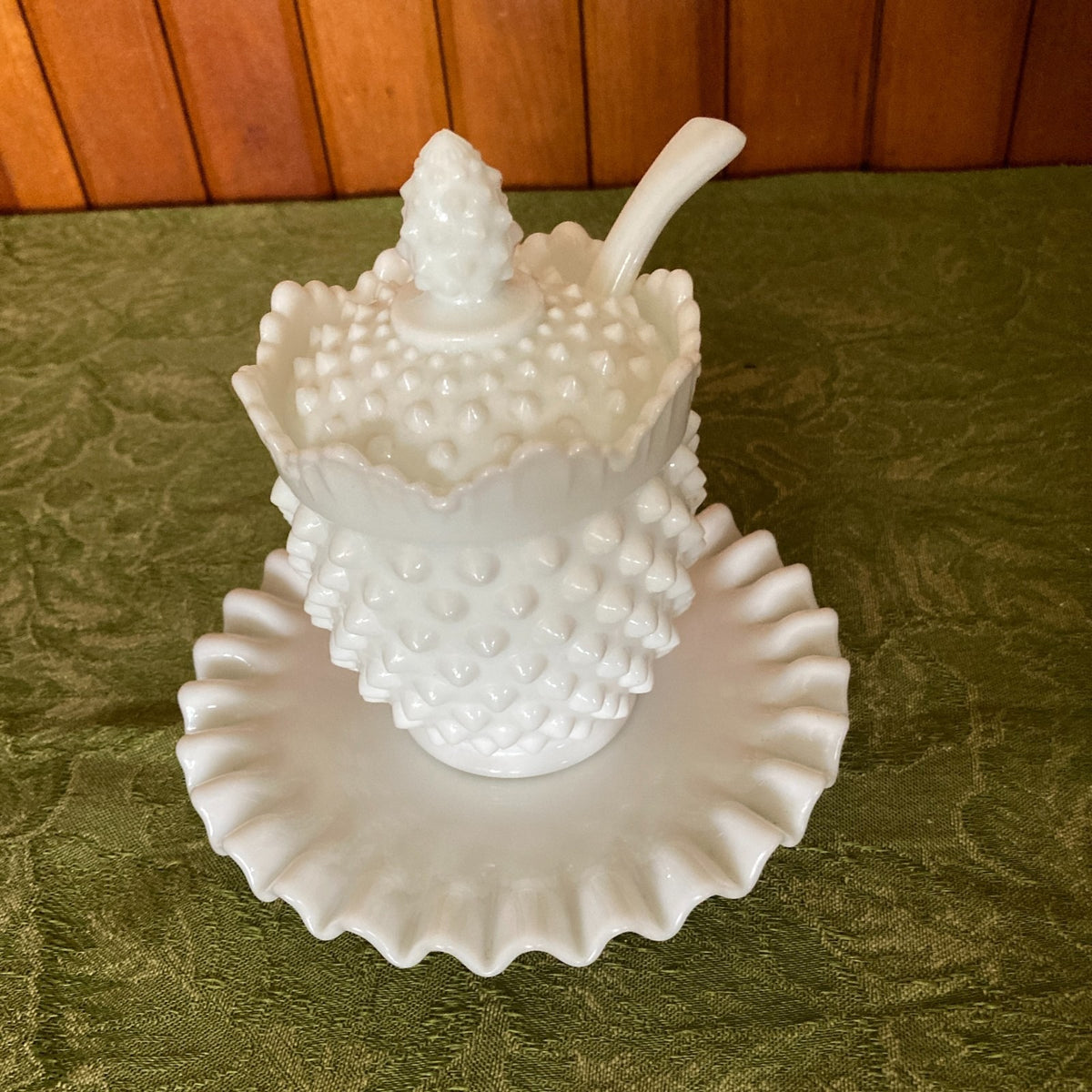 Fenton Hobnail White Milk Glass Jam Jar Set 4-Piece with Ladle & Underplate 1950s-1960s