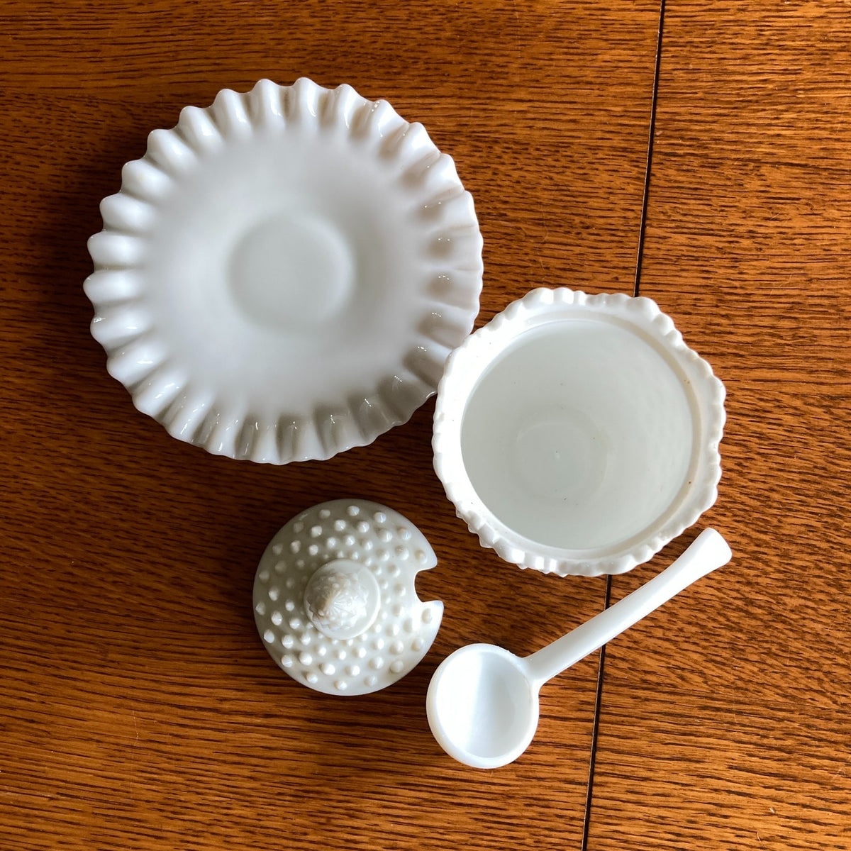 Fenton Hobnail White Milk Glass Jam Jar Set 4-Piece with Ladle & Underplate 1950s-1960s