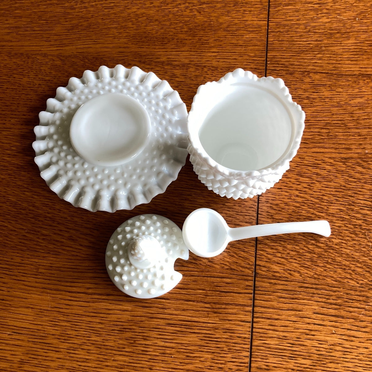 Fenton Hobnail White Milk Glass Jam Jar Set 4-Piece with Ladle & Underplate 1950s-1960s