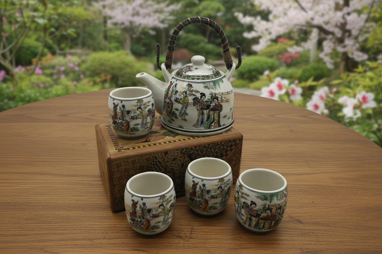 Ceramic teapot and four cups with decorative scenes on a wooden stand.