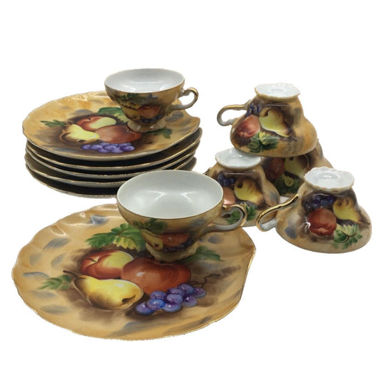 Vintage Luncheon Plates Tea Cups Set of 6 Hand Painted Fruit Orchard Harvest Tea Party Cottage Core