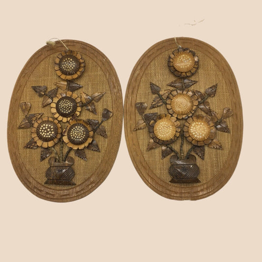 Coconut Shell Art Set 2 Floral 13.5" Oval Wall Hang Tiki Bar Mid Century VTG 70s