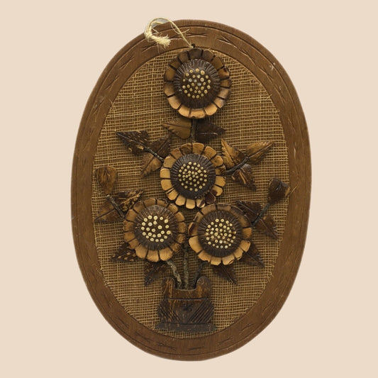 Coconut Shell Art Set 2 Floral 13.5" Oval Wall Hang Tiki Bar Mid Century VTG 70s