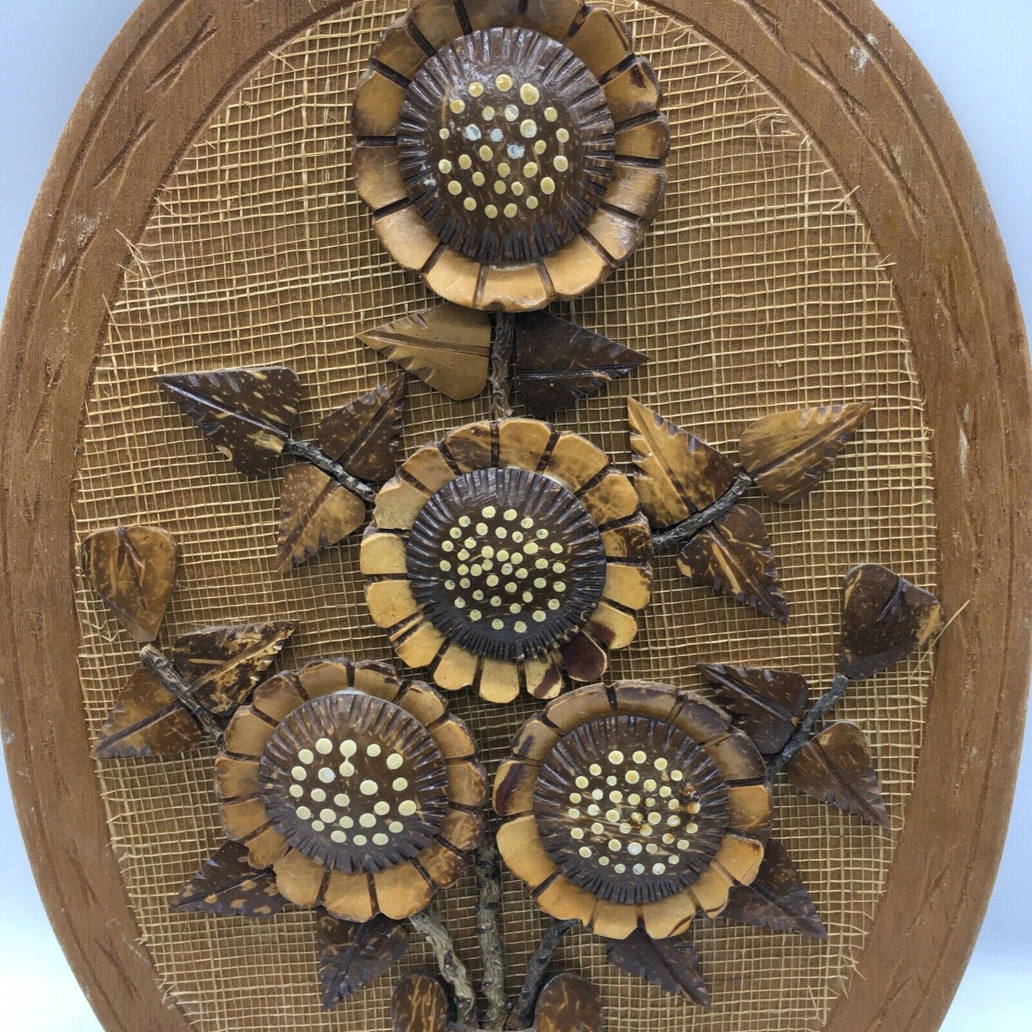 Coconut Shell Art Set 2 Floral 13.5" Oval Wall Hang Tiki Bar Mid Century VTG 70s