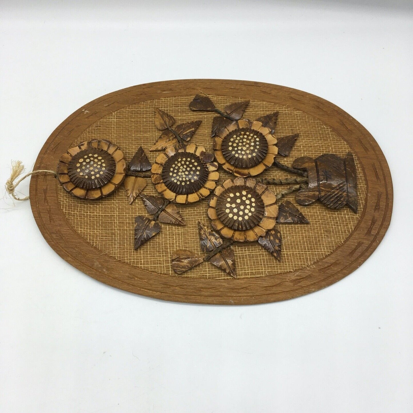 Coconut Shell Art Set 2 Floral 13.5" Oval Wall Hang Tiki Bar Mid Century VTG 70s