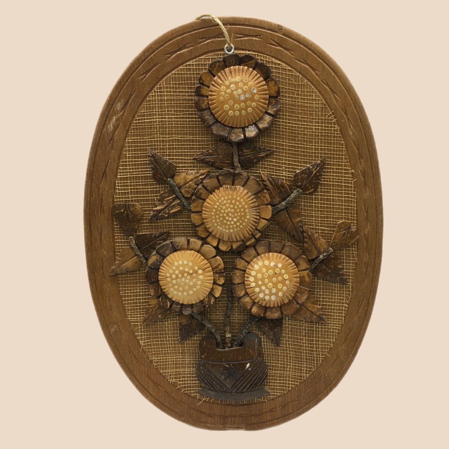 Coconut Shell Art Set 2 Floral 13.5" Oval Wall Hang Tiki Bar Mid Century VTG 70s