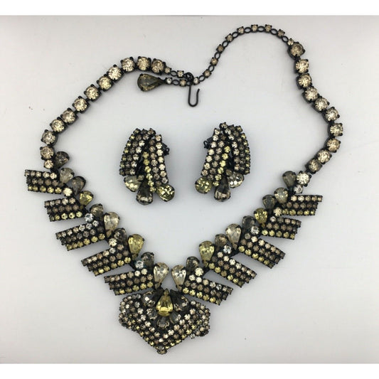 Hobé Necklace Earring Set Rhinestone Chocolate Canary Crystal Japanning Vintage