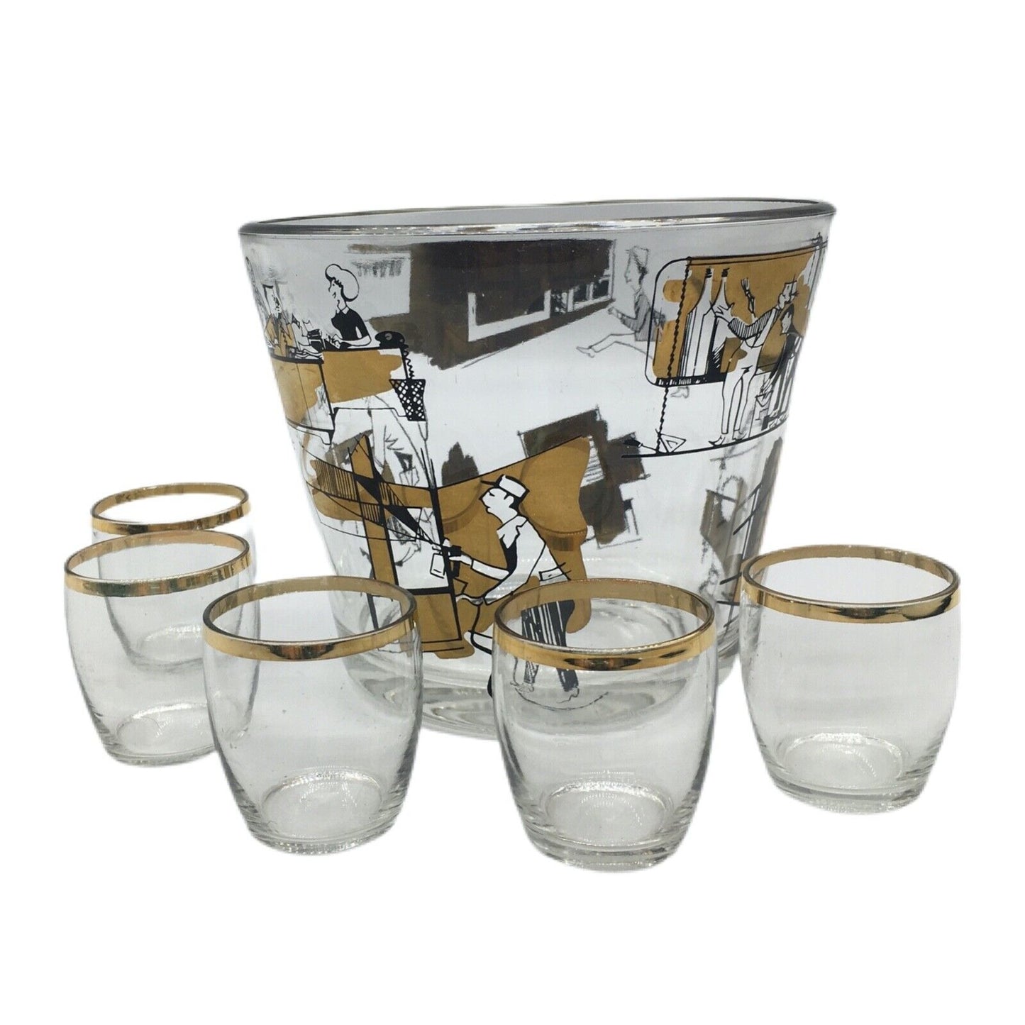 MCM Graphic Art Barware Glass Ice Bucket City Scene Gold Rim Shot Glass Vintage