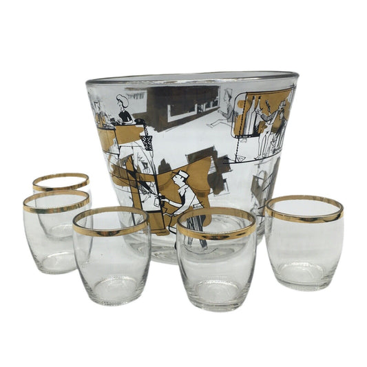 MCM Graphic Art Barware Glass Ice Bucket City Scene Gold Rim Shot Glass Vintage