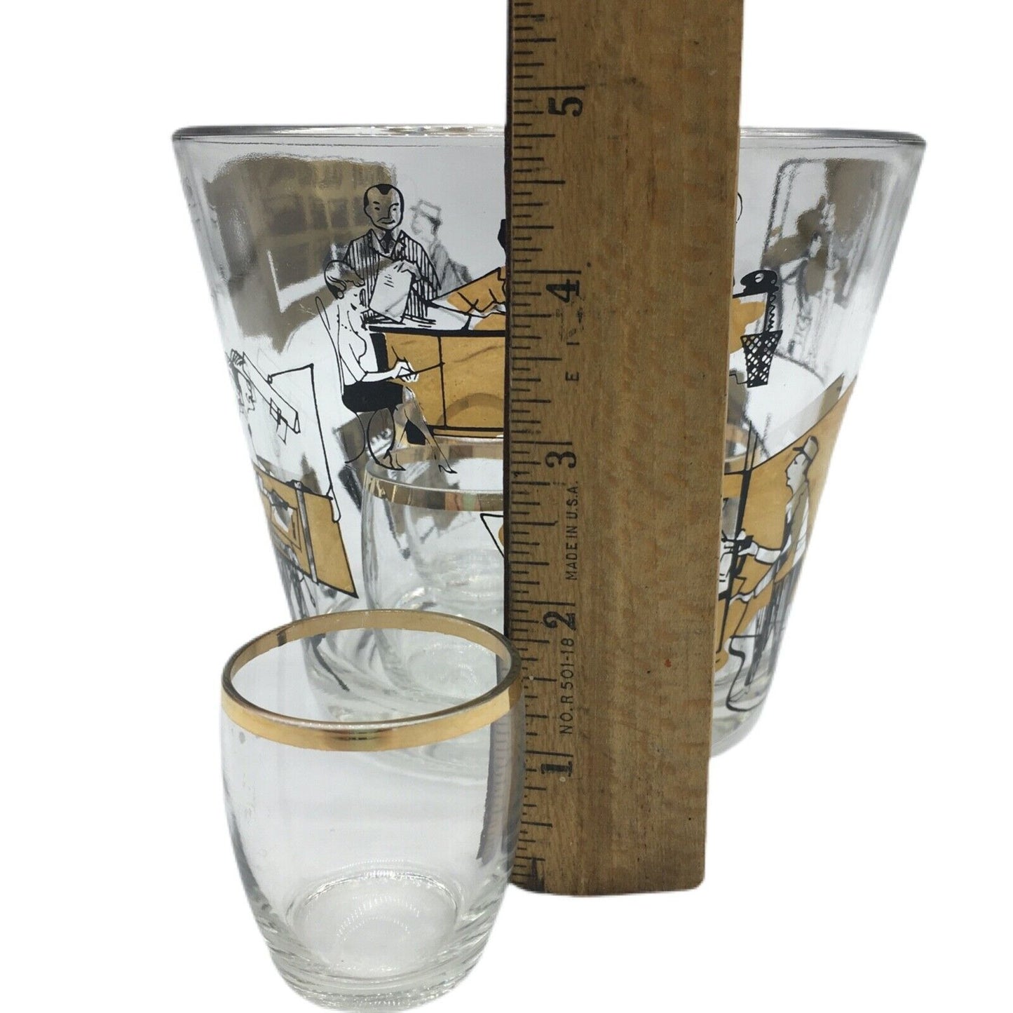 MCM Graphic Art Barware Glass Ice Bucket City Scene Gold Rim Shot Glass Vintage
