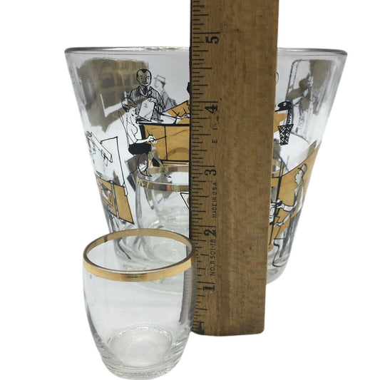 MCM Graphic Art Barware Glass Ice Bucket City Scene Gold Rim Shot Glass Vintage