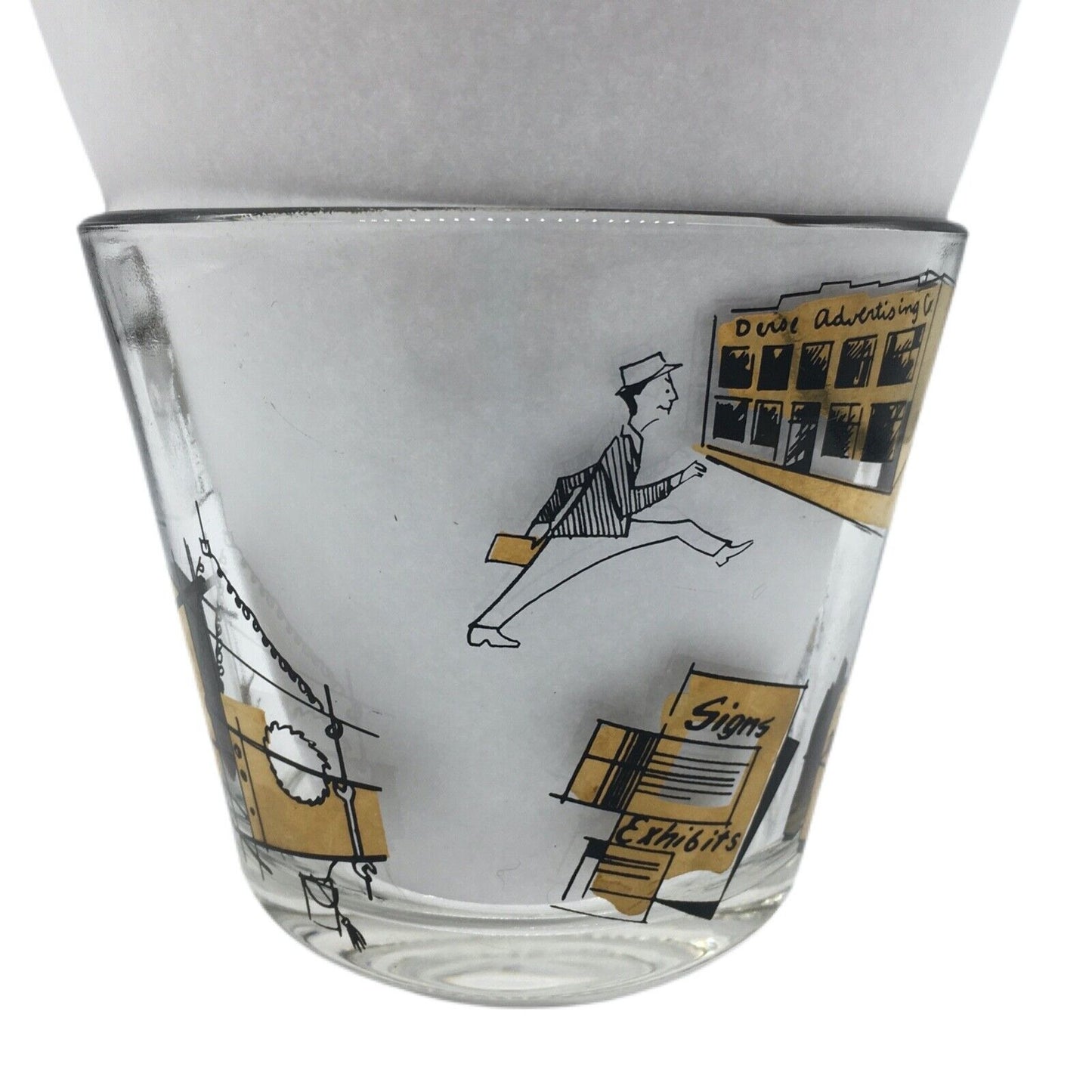 MCM Graphic Art Barware Glass Ice Bucket City Scene Gold Rim Shot Glass Vintage