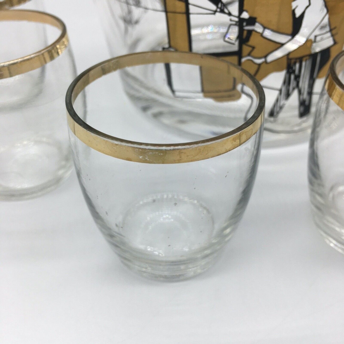 MCM Graphic Art Barware Glass Ice Bucket City Scene Gold Rim Shot Glass Vintage