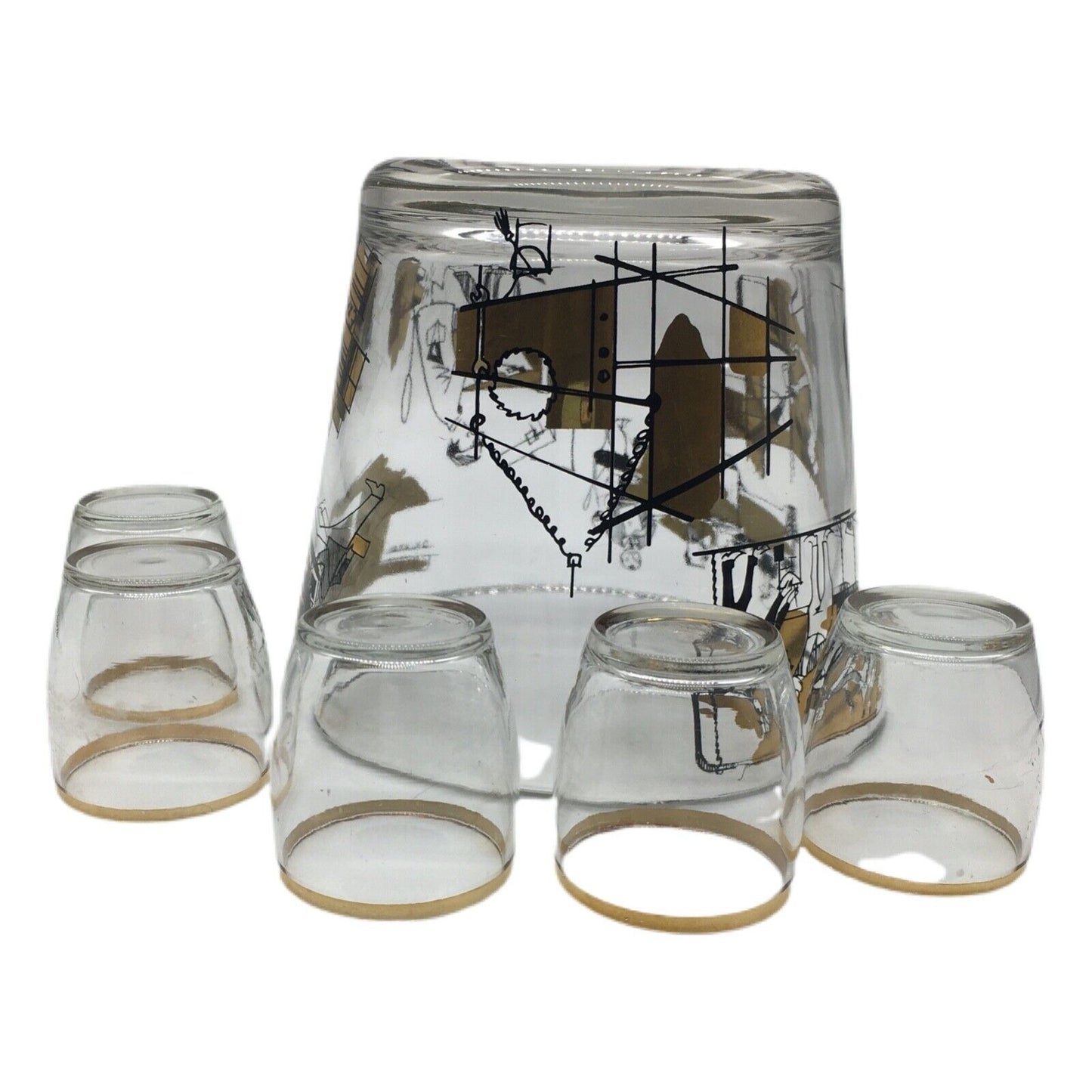 MCM Graphic Art Barware Glass Ice Bucket City Scene Gold Rim Shot Glass Vintage