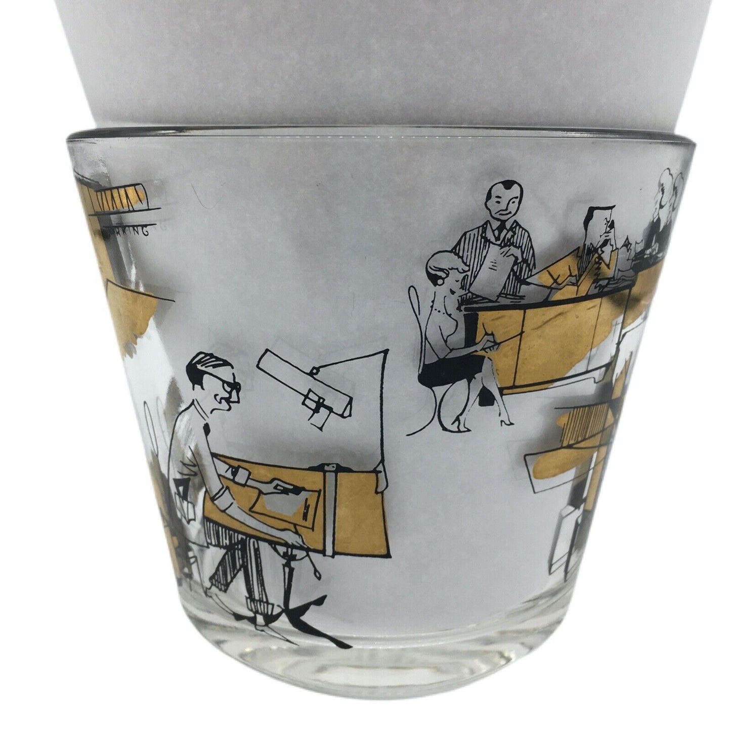 MCM Graphic Art Barware Glass Ice Bucket City Scene Gold Rim Shot Glass Vintage