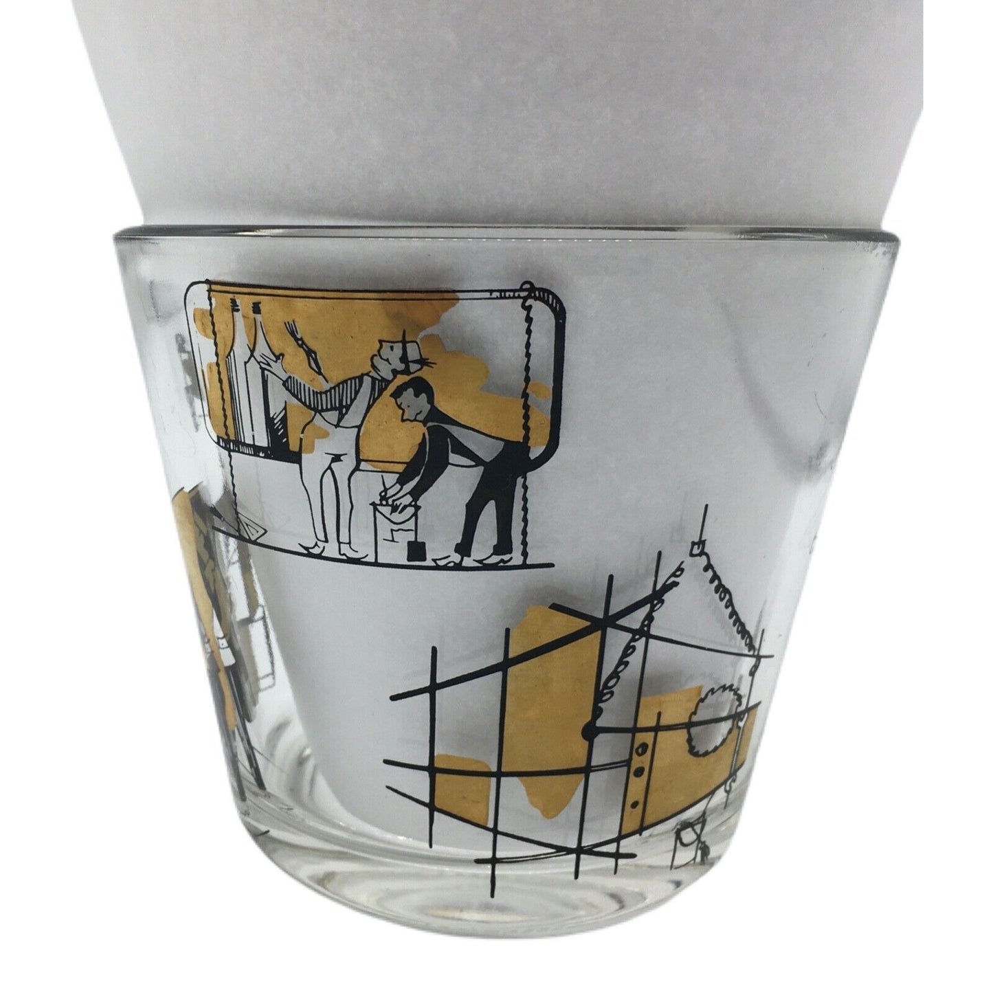 MCM Graphic Art Barware Glass Ice Bucket City Scene Gold Rim Shot Glass Vintage