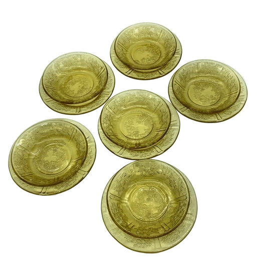 Vintage Federal Glass Co. Sharon Cabbage Rose Yellow 6 Berry Bowls & 6 Dessert Plates Depression Glass