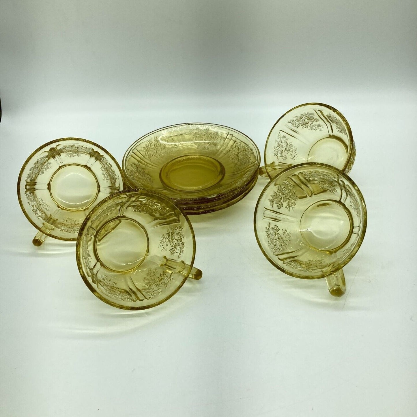 Vintage Federal Glass Cup and Saucers Set of 4 Yellow Depression Glass Cottage