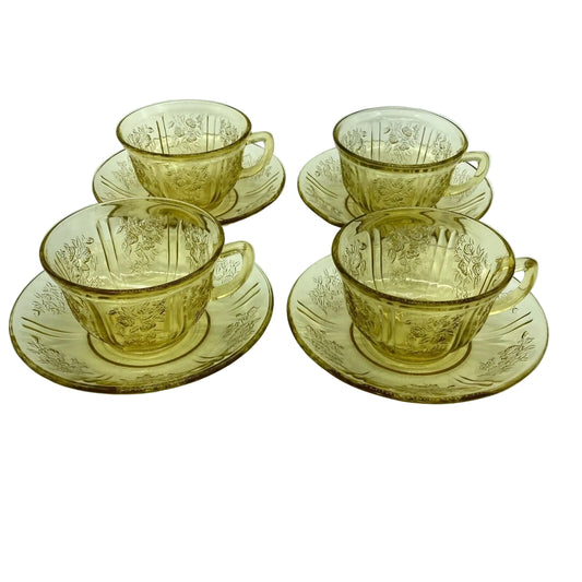 Vintage Federal Glass Cup Saucers Set of 4 Yellow Depression Glass Sharon Cabbage Rose Cottage