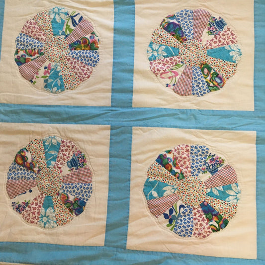Vintage Hand-Sewn Hearts & Dresden Plate Quilt 59"x80" Blue White Floral Collector Piece