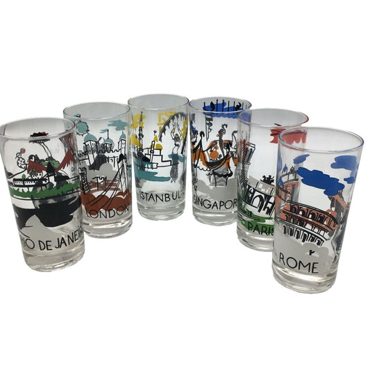 Vintage Set 6 Barware 12oz Tumblers Cities Of The World Colorful Graphics Travel