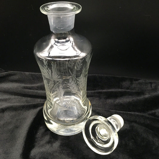 Vintage Barware 11" Decanter Etched Floral Design Clear Glass Original Stopper