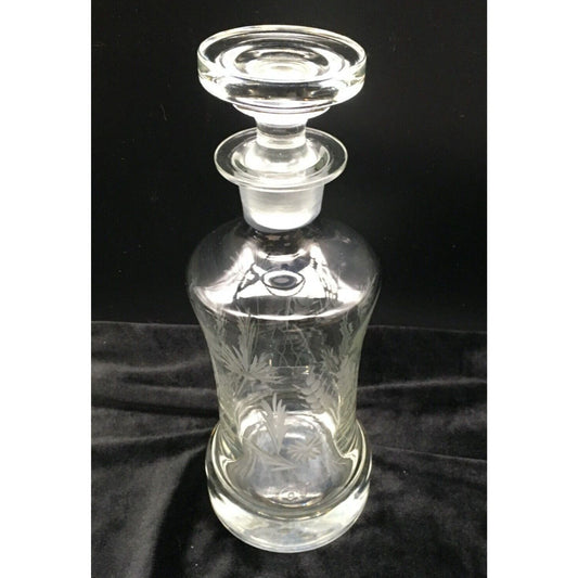 Vintage Barware 11" Decanter Etched Floral Design Clear Glass Original Stopper