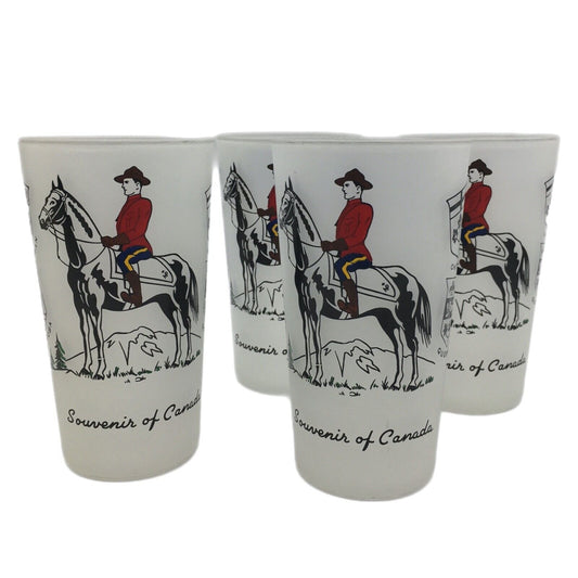 Barware Set of 4 Canadian Royal Mounties Frosted Glass Souvenir of Canada Tumblers