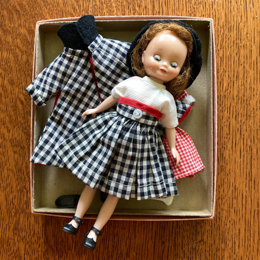Betsy McCall 8" Fashion Doll With Red Gingham Dress and Black Gingham Outfit VTG