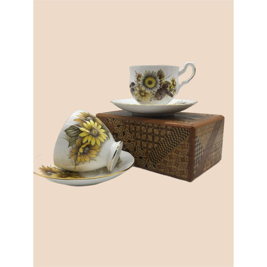 Royal Dover Teacup, Queen Anne Tea Cup, 2 Tea Cups Included, SunflowerTea Cup Saucer Sets, Autumn florals, Vintage Tea Cups, English Teacups