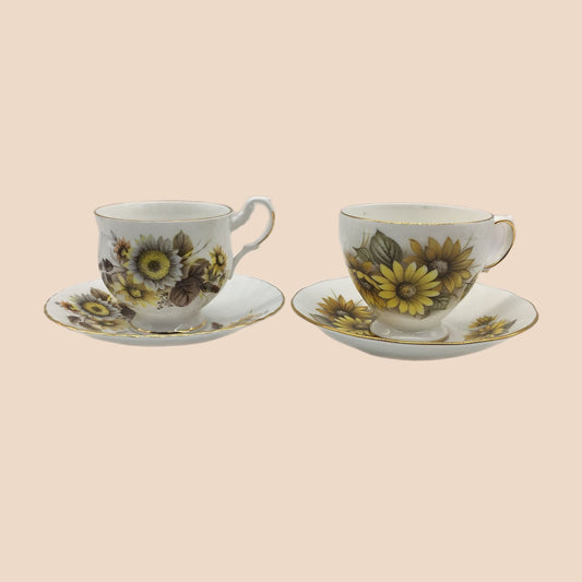 Royal Dover Teacup, Queen Anne Tea Cup, 2 Tea Cups Included, SunflowerTea Cup Saucer Sets, Autumn florals, Vintage Tea Cups, English Teacups