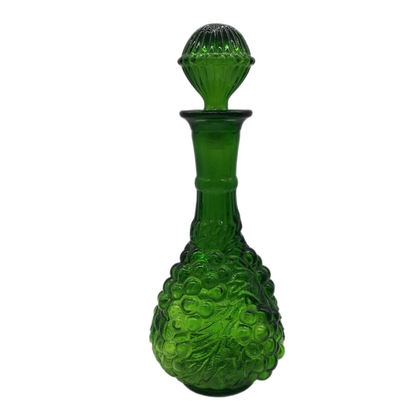 Imperial Emerald Green Glass Grapes Decanter Vintage Dimensional Design Stopper