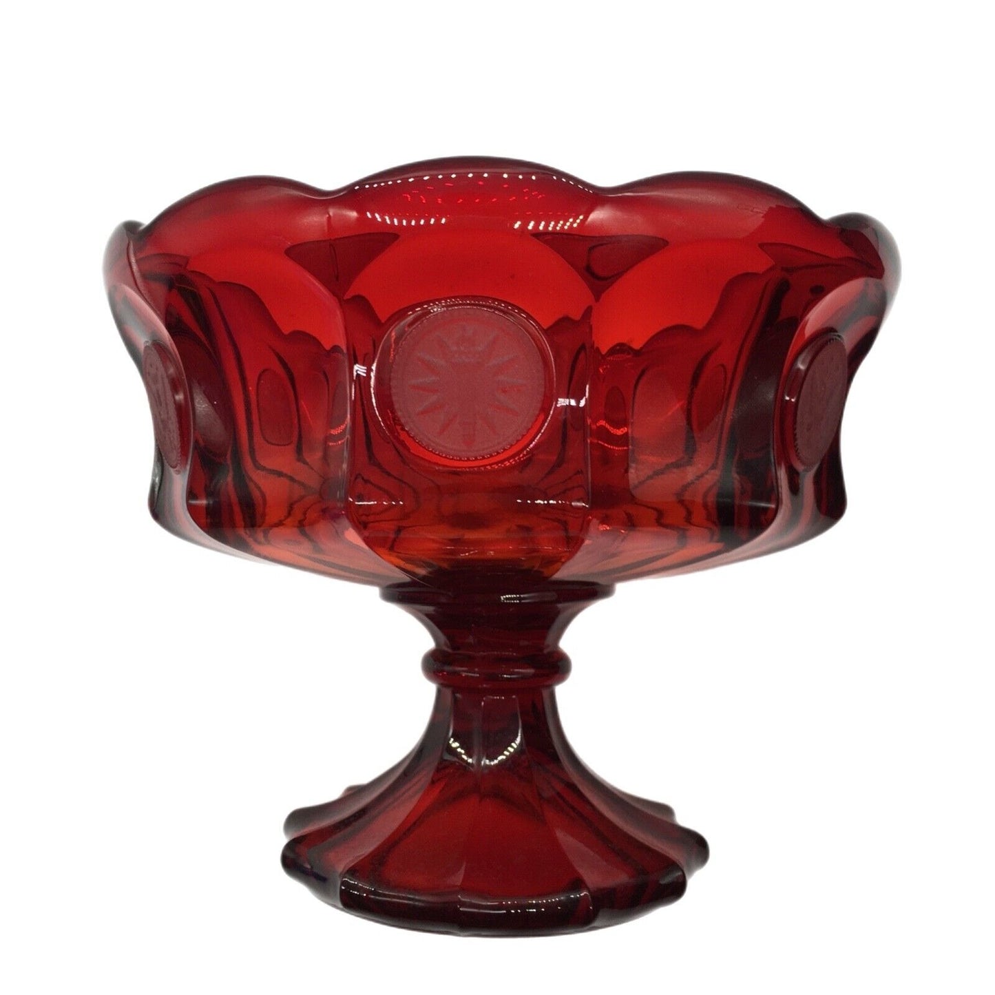 Fostoria Ruby Red Coin Pattern Pedestal Bowl 7"H x 8.25" Eagle Liberty Torch Patriotic USA