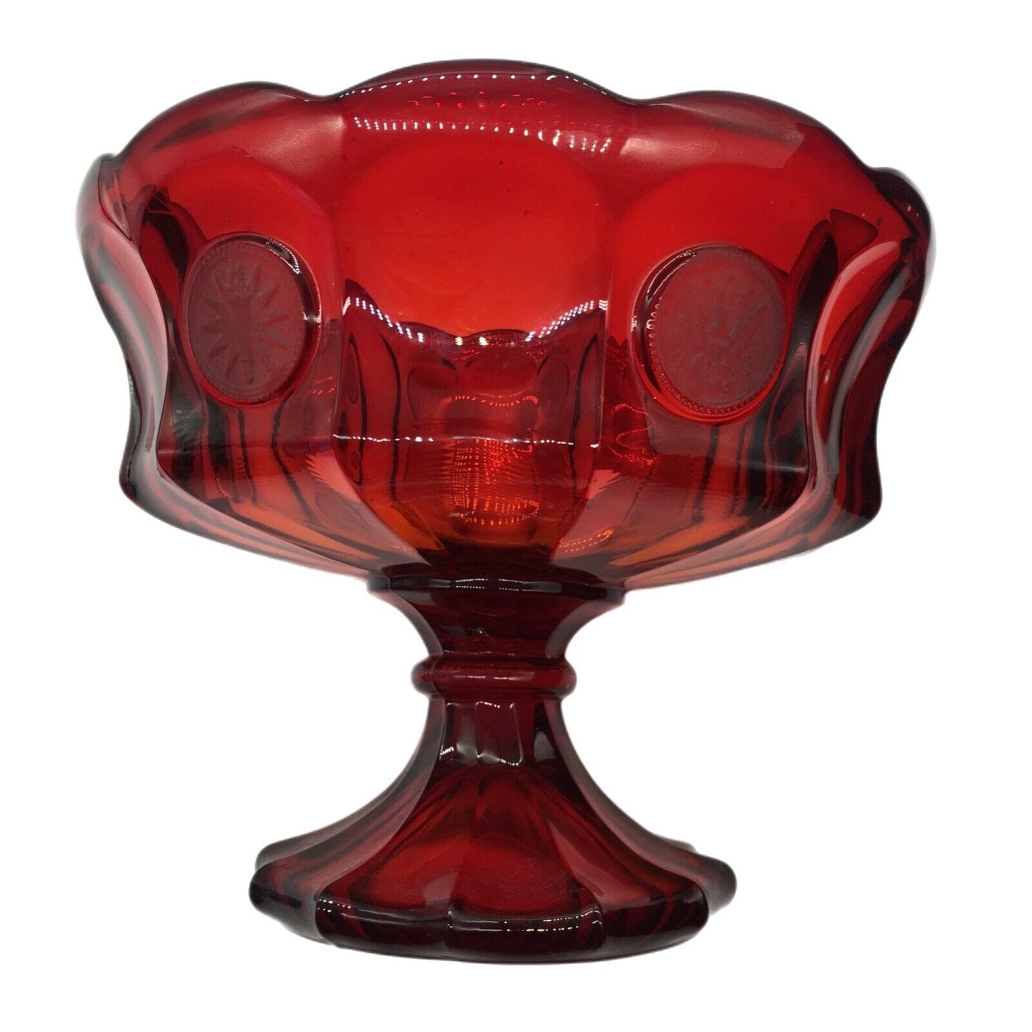 Fostoria Ruby Red Coin Pattern Pedestal Bowl 7"H x 8.25" Eagle Liberty Torch Patriotic USA
