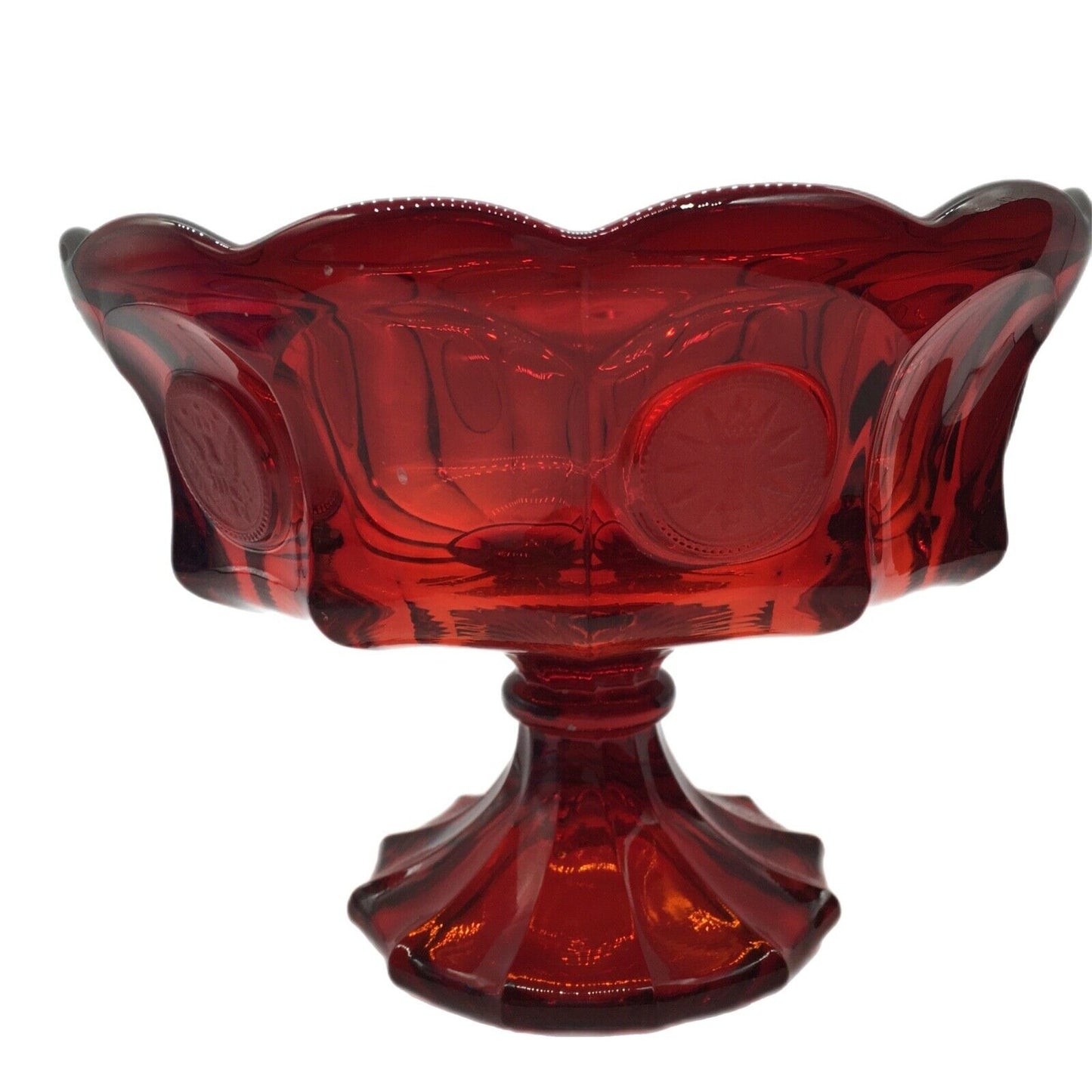 Fostoria Ruby Red Coin Pattern Pedestal Bowl 7"H x 8.25" Eagle Liberty Torch Patriotic USA