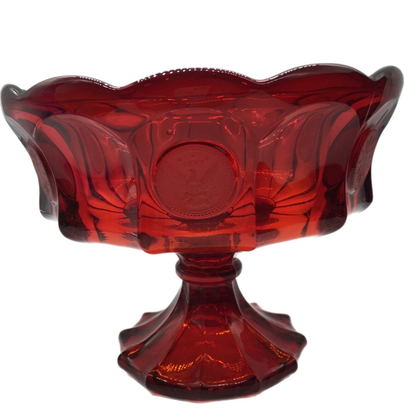 Fostoria Ruby Red Coin Pattern Pedestal Bowl 7"H x 8.25" Eagle Liberty Torch Patriotic USA