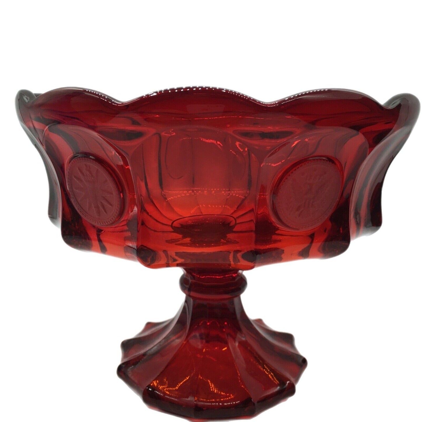 Fostoria Ruby Red Coin Pattern Pedestal Bowl 7"H x 8.25" Eagle Liberty Torch Patriotic USA
