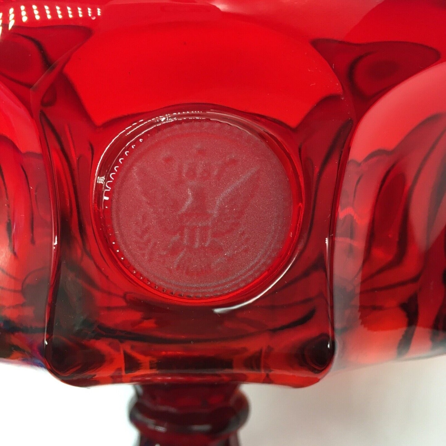 Fostoria Ruby Red Coin Pattern Pedestal Bowl 7"H x 8.25" Eagle Liberty Torch Patriotic USA