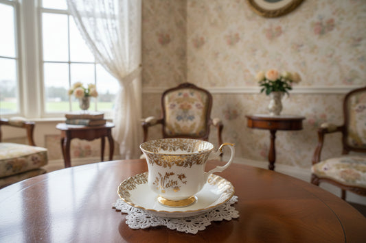 Gold on white Mother teacup and saucer set