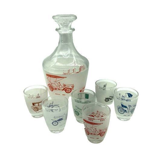 Vintage Barware Decanter 6 Shot Glasses Automobile Graphics France Collect Dad