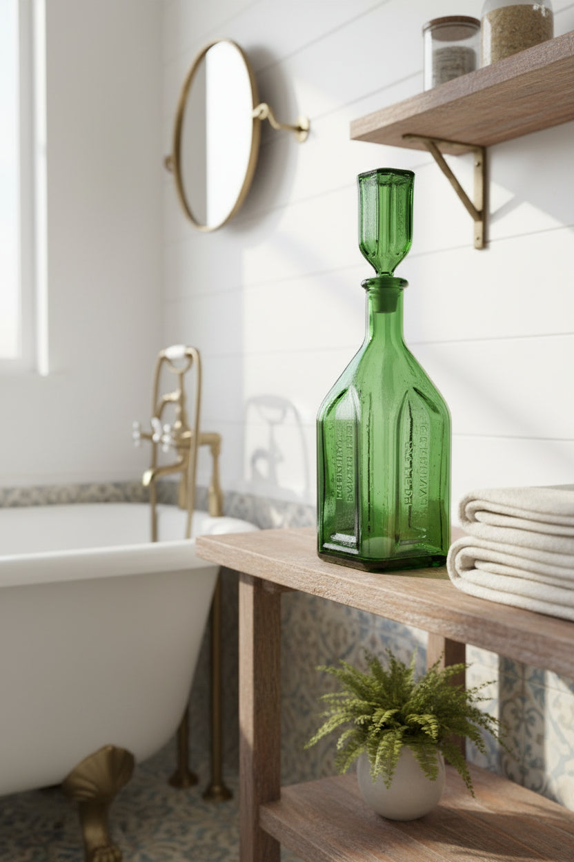 Green glass bottle with a unique design on a white background