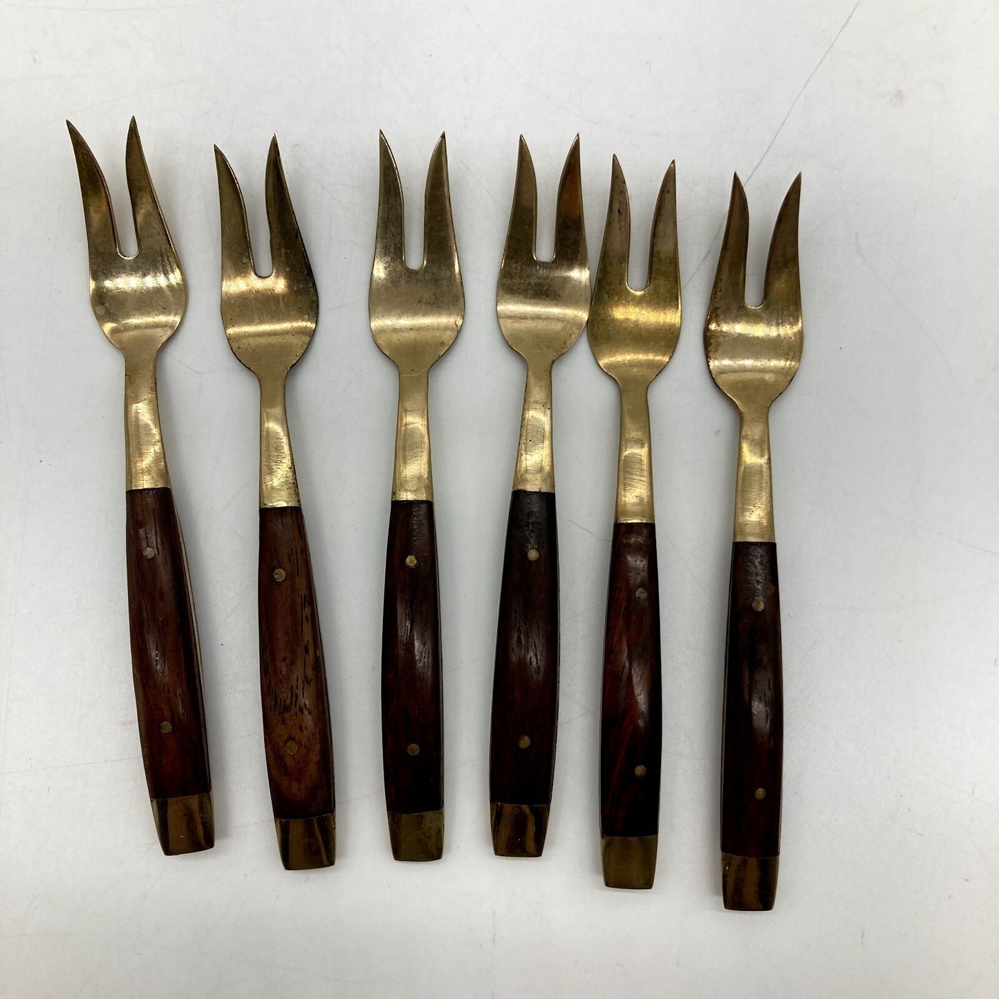 MCM Georges Briard Glass Tray Wooden Handles & 6 Hors d' oeuvres Forks Thailand
