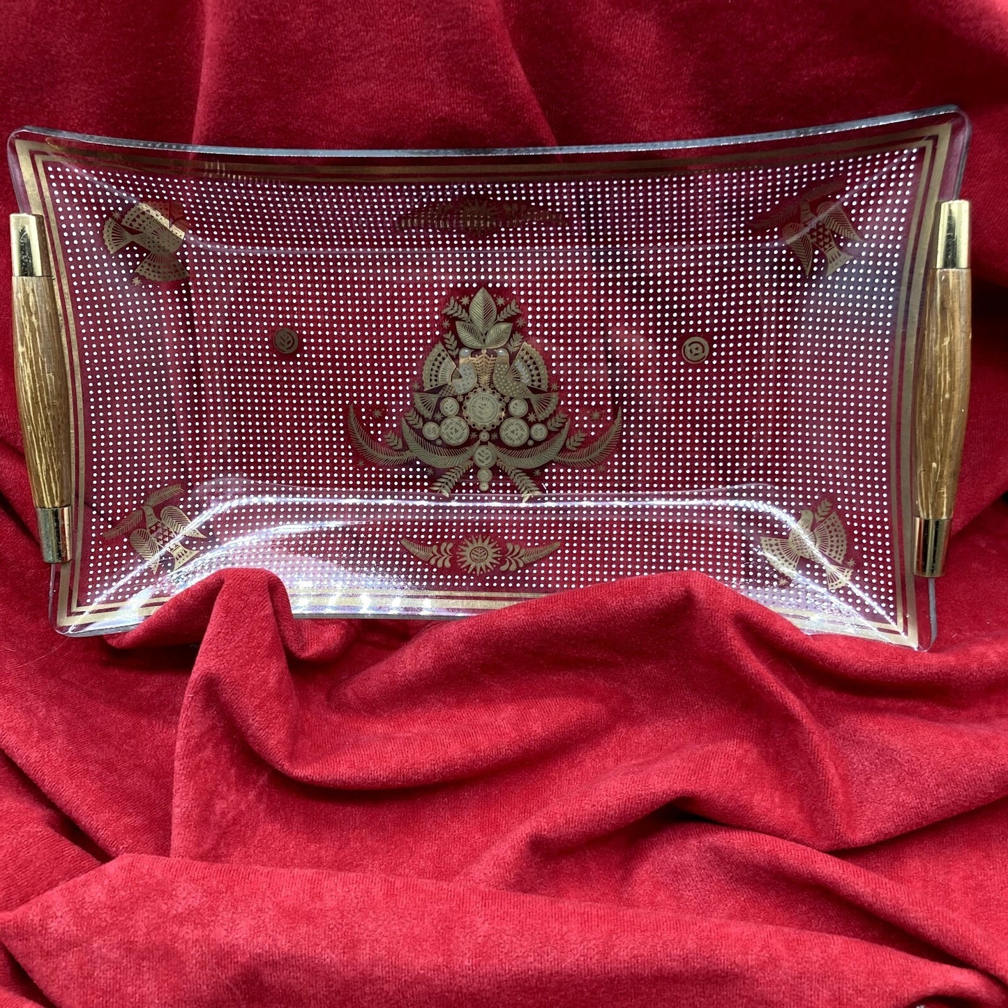 MCM Georges Briard Glass Tray Wooden Handles & 6 Hors d' oeuvres Forks Thailand