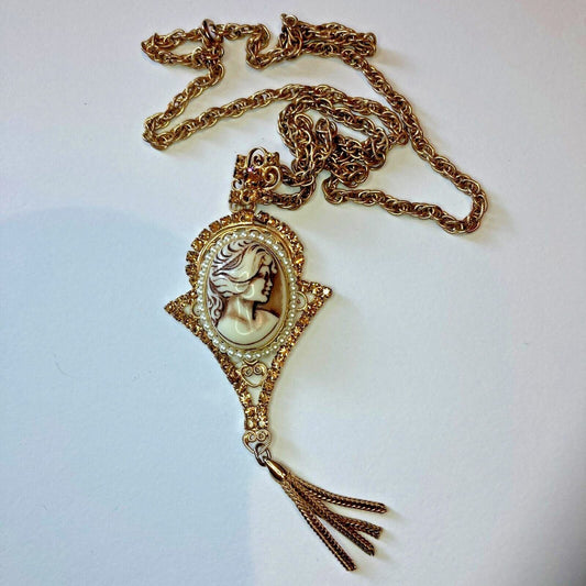 Vintage Cameo Rhinestone Rope Chain Necklace Earring Demi-Parure Set Filigree