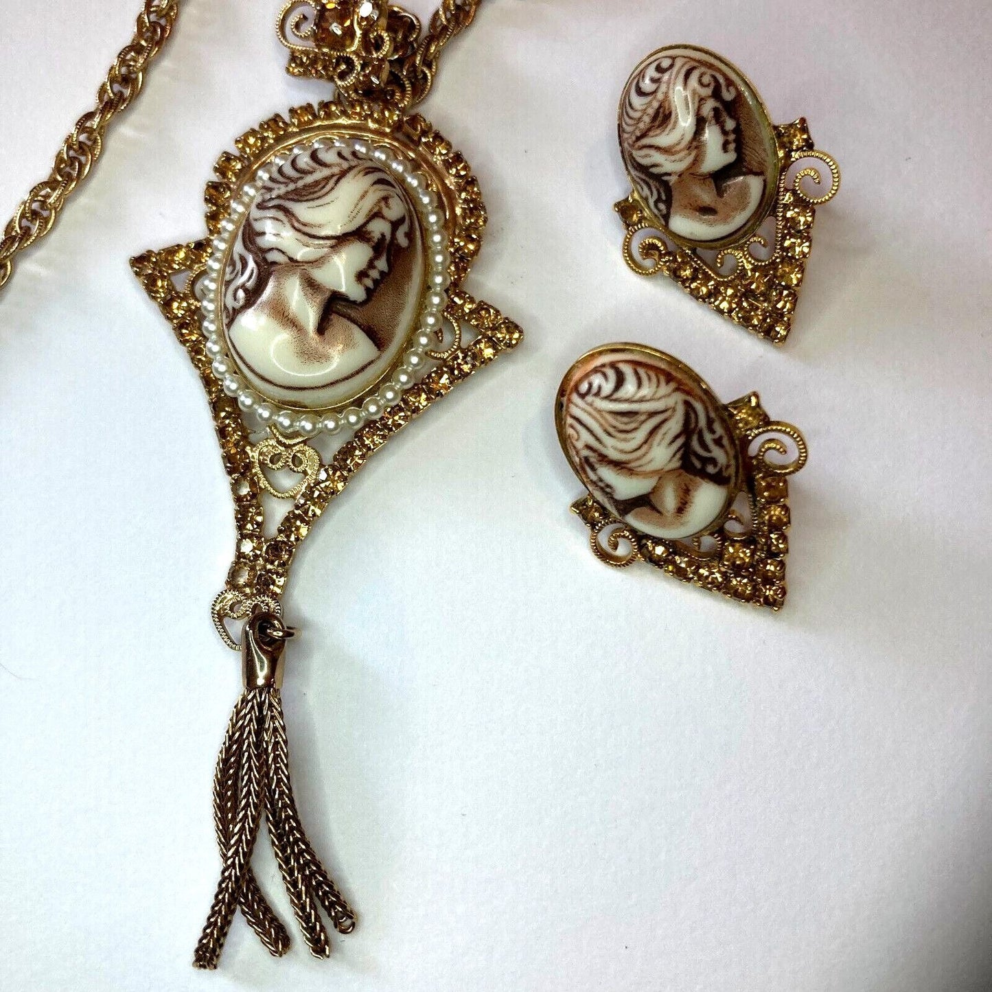 Vintage Cameo Rhinestone Rope Chain Necklace Earring Demi-Parure Set Filigree