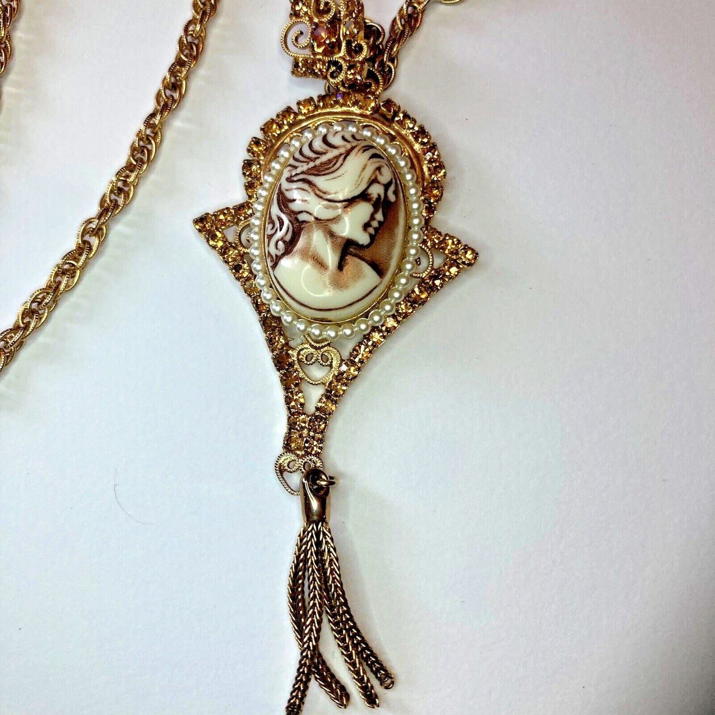 Vintage Cameo Rhinestone Rope Chain Necklace Earring Demi-Parure Set Filigree