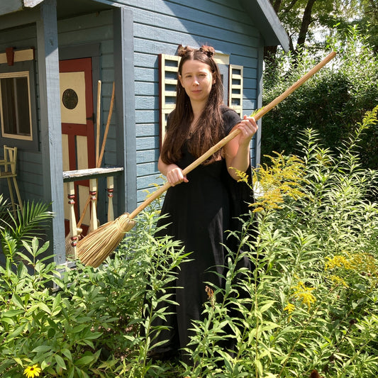 Folk Art Broom Natural Fiber Bristles Wood Handle Handcrafted Halloween Autumn